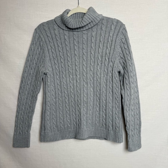 L.L. Bean Gray Cable Knit Turtleneck Sweater Women’s Size Large 100% Cotton - Picture 2 of 10